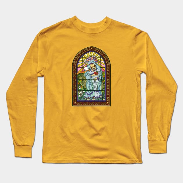 Way Cool Mother Mary Stained Glass Window Long Sleeve T-Shirt by BullShirtCo